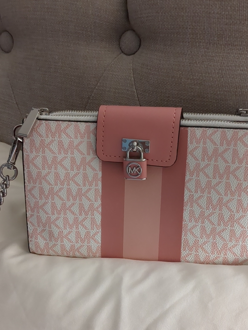 Michael Kors Pink Signature Stripe Crossbody Pouch with Silver Hardware